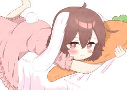 Rule 34 | 1girl, absurdres, ahoge, animal ears, barefoot, blush, bright pupils, brown eyes, brown hair, carrot-shaped pillow, closed mouth, clothing cutout, commentary, double-parted bangs, dress, feet out of frame, feet up, floppy ears, hair between eyes, highres, hugging object, inaba tewi, light smile, lying, on bed, on stomach, pillow, pillow hug, pink dress, puffy short sleeves, puffy sleeves, rabbit ears, rabbit tail, short hair, short sleeves, simple background, solo, tail, tail through clothes, tewiyu, touhou, white background, white pupils
