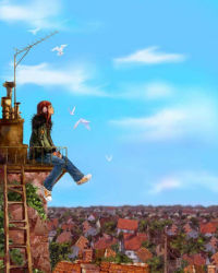 Rule 34 | 1girl, cloud, female focus, full body, headphones, house, ladder, outdoors, plant, scenery, sitting, sky, solo, staring, tagme, tree