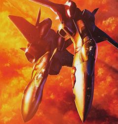 Rule 34 | 1boy, aircraft, airplane, canopy (aircraft), cloud, commentary, english commentary, fighter jet, flying, from above, isamu dyson, jet, macross, macross plus, mecha, military, military vehicle, official art, pilot suit, robot, sky, tenjin hidetaka, variable fighter, vehicle focus, yf-19, yf-21