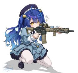 Rule 34 | 1girl, absurdres, ahoge, aiming, amamiya kokoro, amamiya kokoro (1st costume), asanaya, assault rifle, bell, black footwear, blue dress, blue hair, blush, closed mouth, commentary request, dress, fang, gun, hair intakes, hair ornament, hat, highres, holding, holding gun, holding weapon, jingle bell, juliet sleeves, loafers, long hair, long sleeves, nijisanji, on one knee, petticoat, puffy sleeves, rifle, scope, shadow, shoes, signature, skin fang, smile, solo, sparkle, thighhighs, virtual youtuber, weapon, white thighhighs, wings, x hair ornament, yellow eyes
