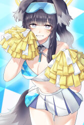 Rule 34 | 1girl, absurdres, animal ears, bare shoulders, black hair, blue archive, blue eyes, blush, breasts, cheerleader, cleavage, collarbone, cowboy shot, crop top, dog ears, dog girl, dog tail, eyewear on head, facial mark, goggles, goggles on head, grin, halo, hibiki (blue archive), hibiki (cheer squad) (blue archive), highres, holding, holding pom poms, long hair, looking at viewer, medium breasts, midriff, millennium cheerleader outfit (blue archive), miniskirt, moonb3702, navel, official alternate costume, pom pom (cheerleading), pom poms, skirt, smile, solo, standing, star (symbol), star facial mark, star sticker, stomach, tail, text print, white skirt, yellow halo