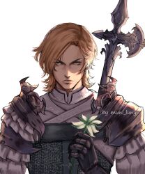 Rule 34 | 1boy, armor, bladed lance, blonde hair, closed mouth, dion lesage, doodleing time, earrings, final fantasy, final fantasy xvi, flower, halberd, highres, holding, holding flower, jewelry, looking at viewer, male focus, polearm, serious, short hair, shoulder armor, simple background, solo, standing, upper body, vest, weapon, white armor, white background, white flower, white vest, yellow eyes
