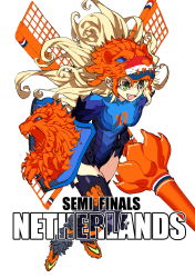 Rule 34 | 1girl, 2014 fifa world cup, absurdres, blonde hair, fang, green eyes, helmet, highres, lance, lion, long hair, netherlands, personification, polearm, shield, weapon, world cup, yu yanshu