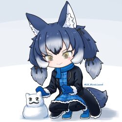 Rule 34 | 1girl, animal ears, blue hair, boots, ce bluelizard, coat, dire wolf (kemono friends), dress, extra ears, gloves, grey eyes, highres, kemono friends, kemono friends v project, long hair, pantyhose, ribbon, scarf, simple background, skirt, snow, snowman, solo, tail, twintails, virtual youtuber, wolf ears, wolf girl, wolf tail