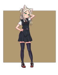Rule 34 | 1girl, alternate costume, animal ear fluff, animal ears, arm behind head, azur lane, belt, black dress, black skirt, black thighhighs, cat ears, collared shirt, commentary request, contrapposto, dedorudy, dress, full body, graphite (medium), green eyes, grin, highres, jitome, neck ribbon, pleated skirt, red ribbon, ribbon, shirt, shoes, sims (azur lane), skirt, smile, solo, standing, thighhighs, traditional media, two side up, white hair, white shirt