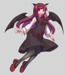 Rule 34 | 1girl, :d, bat wings, black pantyhose, blush, breasts, dress shirt, flying, full body, grey background, head wings, highres, koakuma, long hair, long sleeves, looking at viewer, medium breasts, necktie, open mouth, pantyhose, puffy sleeves, red eyes, red hair, red neckwear, renshirenji, shirt, shoes, simple background, skirt, skirt set, smile, solo, teeth, touhou, upper teeth only, vest, white shirt, wings