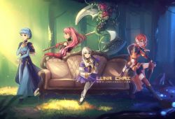 Rule 34 | 4girls, arrow (projectile), artist name, axe, black gloves, blue hair, braid, brown eyes, closed mouth, couch, crown braid, cup, dress, earrings, female focus, fire emblem, fire emblem: three houses, flower, from side, gloves, grass, hair ornament, hilda valentine goneril, holding, holding axe, holding cup, holding weapon, huge weapon, jewelry, leonie pinelli, long hair, long sleeves, looking to the side, lunachaili, lysithea von ordelia, marianne von edmund, matching hair/eyes, multiple girls, nintendo, orange hair, pink eyes, pink hair, ponytail, quiver, red gloves, shorts, sitting, smile, teacup, tree, watermark, weapon, web address, white hair, white legwear