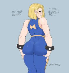 Rule 34 | 1girl, android 18, angry, artist name, ass, ass support, bare shoulders, blonde hair, blue background, blue eyes, blush, chun-li (cosplay), cosplay, crossover, dragon ball, dragonball z, english text, from behind, highres, huge ass, raven7377, short hair, sleeveless, solo, street fighter, thick thighs, thighs