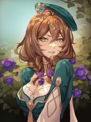 Rule 34 | 1girl, artist name, beret, braid, breasts, cleavage, commentary, field, flower, flower field, genshin impact, green eyes, green hat, hair flower, hair ornament, hat, highres, jewelry, kirsty (kirue t), light brown hair, lisa (a sobriquet under shade) (genshin impact), lisa (genshin impact), looking at viewer, medium breasts, medium hair, neck ring, official alternate costume, official alternate hairstyle, parted lips, purple flower, purple rose, rose, smile, solo, twin braids, upper body, vision (genshin impact)
