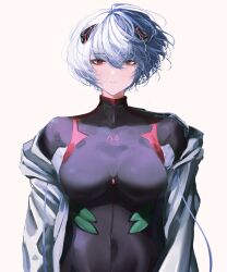 Rule 34 | 1girl, absurdres, alternate breast size, ayanami rei, black bodysuit, blue hair, bodysuit, breasts, evangelion: 3.0+1.0 thrice upon a time, facing viewer, hair between eyes, hair ornament, highres, jacket, large breasts, long sleeves, looking at viewer, neon genesis evangelion, open clothes, open jacket, rebuild of evangelion, red eyes, reyarths, short hair, simple background, skin tight, solo, straight-on, white background