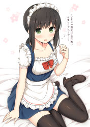 Rule 34 | 10s, 1girl, alternate costume, apron, arm support, bed sheet, black thighhighs, blue dress, blush, breasts, brown hair, collarbone, dress, enmaided, floral background, flying sweatdrops, fubuki (kancolle), full body, green eyes, hair between eyes, highres, kantai collection, looking at viewer, maid, maid headdress, mary janes, medium breasts, nakamura sumikage, name tag, open mouth, puffy short sleeves, puffy sleeves, shirt, shoes, short dress, short ponytail, short sleeves, sitting, solo, thighhighs, translation request, waist apron, wariza, wavy mouth, white shirt, yokozuwari
