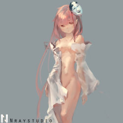 Rule 34 | 1girl, absurdres, artist name, breasts, diao (nrays), feet out of frame, fox mask, furrowed brow, grey background, hata no kokoro, highres, long hair, looking at viewer, mask, mask on head, open clothes, pink eyes, pink hair, simple background, solo, standing, touhou