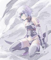 Rule 34 | 1girl, bandaged arm, bandages, bare shoulders, black panties, black thighhighs, boots, closed mouth, dual wielding, facial scar, fate/apocrypha, fate (series), gloves, green eyes, highres, holding, ishiyumi, jack the ripper (fate/apocrypha), knife, panties, scar, scar on cheek, scar on face, short hair, silver hair, solo, tattoo, thigh boots, thighhighs, underwear