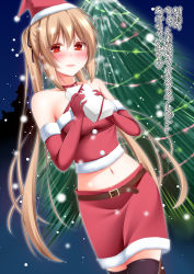 Rule 34 | 10s, 1girl, :d, bad id, bad nicoseiga id, bare shoulders, black ribbon, black thighhighs, blonde hair, blush, bobblehat, choker, christmas tree, elbow gloves, fir tree, fur trim, gift, gloves, hair between eyes, hair ribbon, hat, heart, highres, holding, holding gift, kantai collection, long hair, looking at viewer, murasame (kancolle), narukami ginryuu, navel, night, night sky, open mouth, outdoors, red eyes, red gloves, red ribbon, red shirt, red skirt, ribbon, santa costume, santa hat, shirt, skirt, sky, smile, snowflakes, snowing, solo, stomach, text focus, thighhighs, translation request, tree, twintails, very long hair, walking, zettai ryouiki