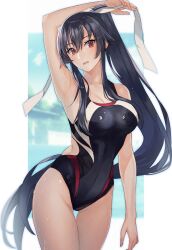 Rule 34 | 1girl, black hair, black one-piece swimsuit, blurry, blurry background, breasts, competition swimsuit, covered navel, cowboy shot, highleg, highleg swimsuit, highres, kantai collection, kasumi (skchkko), large breasts, long hair, multicolored clothes, multicolored swimsuit, one-piece swimsuit, open mouth, outdoors, ponytail, red eyes, scrunchie, solo, swimsuit, wet, wet clothes, wet swimsuit, white background, yahagi (kancolle)