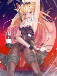 1girl :d animal_ears arm_up bare_shoulders black_leotard blonde_hair blush breasts cleavage commentary_request covered_navel dual_wielding em_s gradient_hair hair_ornament hairclip highres hip_focus holding holding_torpedo kantai_collection legs_apart leotard long_hair looking_at_viewer medium_breasts multicolored_hair open_mouth orange_hair outdoors pantyhose pink_hair playboy_bunny rabbit_ears red_eyes rigging ship_turret skin_tight smile solo splashing standing strapless strapless_leotard thighs torpedo torpedo_launcher very_long_hair yuudachi_(kancolle) yuudachi_kai_ni_(kancolle)