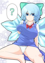 Rule 34 | 1girl, ?, alternate breast size, bad id, bad pixiv id, barefoot, blue eyes, blue hair, bow, breast hold, breasts, cirno, deep skin, doseisan (dosei-san), groin, hair bow, highres, large breasts, matching hair/eyes, aged up, panties, plump, polka dot, polka dot panties, short hair, sitting, snowflakes, solo, thighs, touhou, underwear, wings