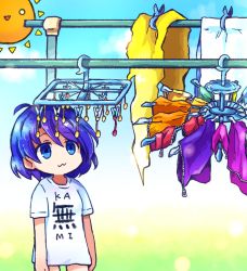 Rule 34 | 1girl, :3, blue eyes, blue hair, blue sky, closed mouth, clothes writing, cloud, commentary, drying, drying clothes, highres, looking at viewer, outdoors, patchwork clothes, pote (ptkan), shirt, short hair, short sleeves, sky, smile, solo, standing, sun, symbol-only commentary, t-shirt, tenkyuu chimata, touhou, white shirt