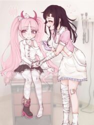 Rule 34 | 2girls, age difference, ankle boots, ankle socks, apron, asymmetrical legwear, bandaged arm, bandaged hand, bandaged leg, bandages, bandaid, bandaid on leg, black footwear, black hair, black skirt, blush, boots, bow, child, closed eyes, closed mouth, danganronpa (series), danganronpa 2: goodbye despair, danganronpa another episode: ultra despair girls, fake horns, female focus, gloves, hair bow, hairband, headband, high heel boots, high heels, holding hands, horned headwear, imaginaryiand, injection, leggings, long hair, long sleeves, looking to the side, matching hair/eyes, medical, multicolored bow, multiple girls, needle, nurse, one glove, one shoew, open mouth, parted bangs, pink bow, pink eyes, pink footwear, pink hair, pink hairband, pink headband, pink leggings, pink shirt, pink stripes, pleated skirt, polka dot, polka dot bow, purple gloves, shirt, shirt under shirt, short sleeves, sitting, skirt, socks, standing, tank top, tsumiki mikan, twintails, undershirt, utsugi kotoko, white bow, white footwear, white leggings, white shirt, white stripes