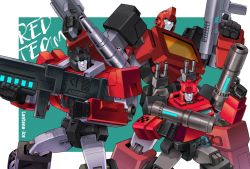 Rule 34 | 3boys, aqua background, artist name, autobot, border, cliffjumper, dual wielding, gun, highres, holding, holding gun, holding weapon, ironhide, lantana0 0, looking to the side, mecha, multiple boys, no humans, outside border, parted lips, red theme, robot, science fiction, sideswipe, transformers, weapon, white border