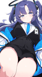 Rule 34 | 1girl, absurdres, black skirt, blue archive, blue eyes, blue necktie, blush, breasts, closed mouth, collared shirt, halo, highres, hiroikara (smhong04), jacket, large breasts, long hair, looking at viewer, mechanical halo, necktie, open clothes, open jacket, pleated skirt, purple hair, shirt, simple background, skirt, solo, two-sided fabric, two-sided jacket, two side up, white background, white jacket, white shirt, yuuka (blue archive)