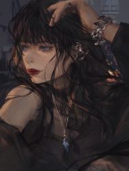 Rule 34 | 1girl, bare shoulders, black dress, black hair, blue eyes, bracelet, choker, detached sleeves, dress, earrings, final fantasy, final fantasy xiv, frilled choker, frills, gaia (ff14), hand on own head, highres, hyur, jewelry, long hair, looking to the side, necklace, red lips, ring, solo, sukly