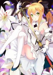 Rule 34 | 1girl, ahoge, artoria pendragon (all), artoria pendragon (fate), ass, bad id, bad pixiv id, blonde hair, caliburn (fate), dance of eternity, fate/unlimited codes, fate (series), flower, gloves, green eyes, high heels, lily (flower), panties, pantyshot, ponytail, saber (fate), saber lily, scabbard, sheath, solo, sword, thighhighs, underwear, upskirt, weapon, white gloves, white panties, white thighhighs, yongzhengzhiwu