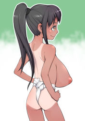 Rule 34 | 1girl, ass, bad id, bad pixiv id, black hair, breasts, fundoshi, hands on own hips, huge breasts, j7w, japanese clothes, long hair, nipples, nude, one-piece tan, ponytail, sagging breasts, smile, solo, tan, tanline, thighs