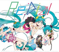 Rule 34 | 10s, 2013, 4girls, :d, album cover, aqua eyes, aqua hair, black skirt, blush, cable, cover, hatsune miku, highres, holding, long hair, looking at viewer, mebae, microphone, multiple girls, multiple persona, open mouth, phone, redial (vocaloid), simple background, skirt, smile, twintails, very long hair, vocaloid, white background