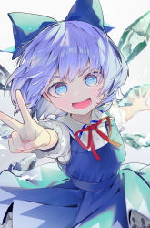 Rule 34 | 1girl, blue bow, blue dress, blue eyes, blue hair, blush, bow, cirno, collared shirt, detached wings, dress, fairy, hair bow, highres, ice, ice wings, looking at viewer, open mouth, shirt, short hair, short sleeves, simple background, smile, solo, syuri22, touhou, v, v-shaped eyebrows, white background, white shirt, wings