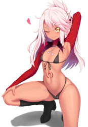 Rule 34 | 1girl, arm up, armpits, bikini, black bikini, black footwear, boots, breasts, chloe von einzbern, closed mouth, covered erect nipples, dark-skinned female, dark skin, fate/kaleid liner prisma illya, fate (series), flat chest, front-tie bikini top, front-tie top, hair ornament, hairpin, hand on own leg, heart, high heel boots, high heels, highleg, highleg bikini, highres, knee boots, long hair, looking at viewer, navel, nekoda (maoda), on one knee, one eye closed, pink hair, revision, shadow, simple background, small breasts, smile, solo, squatting, stomach, stomach tattoo, swimsuit, tattoo, white background, yellow eyes
