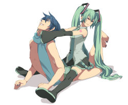 Rule 34 | 1boy, 1girl, aqua hair, bad id, bad pixiv id, barefoot, bdsm, blue eyes, blue hair, blue scarf, blush, borrowed clothes, closed eyes, detached sleeves, girl on top, hatsune miku, kaito (vocaloid), long hair, lying, nayu, necktie, on stomach, panties, scarf, short hair, simple background, sitting, skirt, smile, strangling, striped clothes, striped panties, tears, thighhighs, twintails, underwear, underwear only, vocaloid, zettai ryouiki