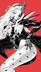 Rule 34 | 1girl, ass, breasts, cleavage, commentary, demon girl, english commentary, eyelashes, feathered wings, from side, greyscale with colored background, hand on own hip, highres, leotard, long hair, naamah (megami tensei), narrow waist, ravenhart, red background, shin megami tensei, shin megami tensei v, shin megami tensei v: vengeance, sideboob, signature, smile, solo, thighs, wings