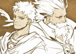 Rule 34 | 2boys, beard, brown background, cape, cloak, closed eyes, commentary request, facial hair, fate/grand order, fate (series), hatching (texture), linear hatching, looking at viewer, male focus, monochrome, multiple boys, old, old man, ptolemy (fate), ryuuki garyuu, smile, spot color, upper body, wrinkled skin, yellow eyes