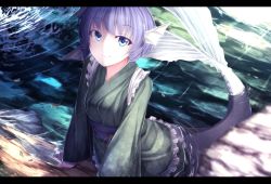 Rule 34 | 1girl, blue eyes, blue hair, fins, head fins, highres, japanese clothes, kimono, letterboxed, looking at viewer, matching hair/eyes, mermaid, monster girl, obi, rerrere, sash, smile, solo, touhou, wakasagihime, water, wide sleeves