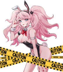 Rule 34 | 1girl, animal ears, bare shoulders, blonde hair, bow, bowtie, breasts, caution, closed mouth, clothing cutout, danganronpa: trigger happy havoc, danganronpa (series), detached sleeves, enoshima junko, fake animal ears, fake tail, groin, hand up, highres, hy (fjvlg), large breasts, leaning forward, leotard, navel, navel cutout, official alternate costume, playboy bunny, rabbit ears, rabbit tail, red bow, red bowtie, red nails, solo, strapless, strapless leotard, tail, twintails
