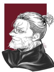 Rule 34 | 1boy, beard, cropped shoulders, facial hair, greyscale with colored background, high ponytail, highres, leonidas (shuumatsu no valkyrie), looking ahead, male focus, mature male, multicolored hair, old, old man, scar, shuumatsu no valkyrie, simple background, smirk, solo, souki1203, thick beard, thick eyebrows, tsurime, two-tone background, two-tone hair, undercut, wrinkled skin