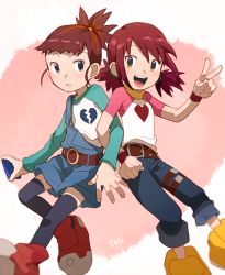 Rule 34 | belt, black legwear, broken heart print, brown eyes, brown hair, commentary request, cosplay, costume switch, crossover, denim, digimon, digimon tamers, digimon xros wars, hinomoto akari, jeans, makino ruki, multiple girls, open mouth, overalls, pants, ponytail, red hair, shirt, short hair, smile, t k g, thighhighs, twintails, wristband, yellow eyes