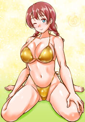 Rule 34 | 1girl, absurdres, barefoot, bikini, blue eyes, braid, breasts, brown hair, cleavage, commentary request, commission, emma verde, gold bikini, highleg, highleg bikini, highres, large breasts, long hair, looking at viewer, love live!, love live! nijigasaki high school idol club, low twintails, mikan ame q, pixiv commission, side-tie bikini bottom, sitting, solo, swimsuit, twin braids, twintails, wariza