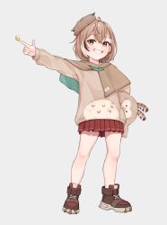 Rule 34 | 1girl, absurdres, aged down, ahoge, ankle boots, beret, bird, boots, braid, braided bangs, brown eyes, brown hair, brown hoodie, capelet, grin, hat, highres, hololive, hololive english, hood, hoodie, looking at viewer, multicolored hair, nanashi mumei, owl, pleated skirt, pointing, pointing to the side, rantofish, red skirt, short hair, skirt, smile, streaked hair, stuffed toy, virtual youtuber
