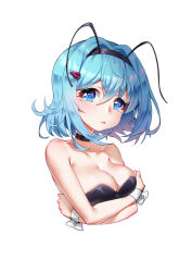 Rule 34 | 1girl, absurdres, antennae, arthropod girl, bad id, bad pixiv id, bare shoulders, black choker, black hairband, black leotard, blue eyes, blue hair, blush, breasts, bug, choker, cleavage, closed mouth, cockroach, collarbone, commentary request, hair between eyes, hair ornament, hairband, head tilt, highres, insect, leotard, looking at viewer, medium breasts, mo xiaoxue, original, red eyes, simple background, solo, strapless, strapless leotard, white background, wrist cuffs