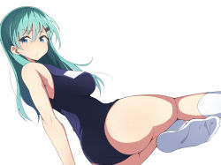 Rule 34 | 1girl, aqua hair, arm support, ass, blue eyes, blush, border, breasts, closed mouth, hair between eyes, hair ornament, hairclip, highres, kantai collection, large breasts, long hair, looking at viewer, nel-c, one-piece swimsuit, school swimsuit, sideboob, simple background, sitting, socks, solo, suzuya (kancolle), swimsuit, twisted torso, white background, white border, white socks