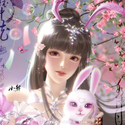 Rule 34 | 1girl, absurdres, animal ears, artist request, bare shoulders, blurry, blurry background, branch, brown hair, bug, butterfly, cherry blossoms, douluo dalu, dress, flower, hair flower, hair ornament, highres, insect, long hair, parted lips, pink dress, pink eyes, ponytail, rabbit, rabbit ears, second-party source, solo, teeth, upper body, xiao wu (douluo dalu)