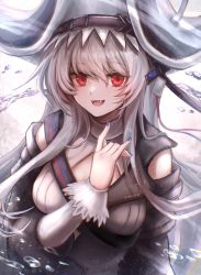Rule 34 | 1girl, 3 (sanyako1), :d, arknights, bad id, bad pixiv id, black dress, black hat, breasts, cleavage cutout, clothing cutout, detached sleeves, dress, fangs, grey hair, hair between eyes, hand up, hat, highres, long hair, long sleeves, looking at viewer, m/, official alternate costume, open mouth, red eyes, sidelocks, small breasts, smile, solo, specter (arknights), specter the unchained (arknights), upper body, water, white background, white dress