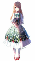 Rule 34 | 1girl, absurdres, aqua eyes, artist name, breasts, brown hair, camera, choker, dress, earrings, eyebrows, highres, holding, jewelry, long hair, looking at viewer, medium breasts, mole, mole under eye, original, phantania, shoes, simple background, solo, standing, white background, white legwear