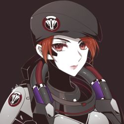Rule 34 | 1girl, beret, blackwatch moira, bodysuit, closed mouth, commentary request, expressionless, eyes visible through hair, grey background, hat, kaoruru (sakuno2911), looking at viewer, military, moira (overwatch), overwatch, overwatch 1, pale skin, pink lips, red eyes, red hair, signature, simple background, solo, upper body