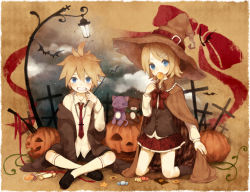 Rule 34 | 1boy, 1girl, bat (animal), blonde hair, blue eyes, brother and sister, candy, food, fork, grave, grin, hair ornament, hairclip, halloween, hat, holding, jack-o&#039;-lantern, kagamine len, kagamine rin, lollipop, mikanniro, pumpkin, siblings, sitting, smile, socks, sweets, twins, vocaloid, witch hat