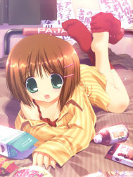 Rule 34 | 1girl, :d, absurdres, barefoot, bed, blush, bottle, brown hair, chips (food), cookie, copyright request, drink, feet, female focus, food, full body, green eyes, hair ornament, hairclip, highres, indoors, long sleeves, nightgown, oono tetsuya, open clothes, open mouth, open shirt, potato chips, red socks, shirt, short hair, smile, sock dangle, sock pull, socks, soles, solo, striped clothes, striped shirt, yellow shirt