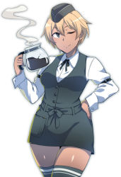 Rule 34 | 1girl, ;), arm strap, blonde hair, blush, brave witches, breasts, closed mouth, coffee, coffee pot, collared shirt, commentary request, cowboy shot, dress, earrings, em (totsuzen no hakike), garrison cap, green dress, green eyes, green hat, green ribbon, green thighhighs, hair between eyes, hand on own hip, hat, holding, jewelry, long sleeves, medium breasts, one eye closed, pencil, pocket, ribbon, shirt, short hair, simple background, smile, solo, steam, stud earrings, thighhighs, waitress, waltrud krupinski, white background, white shirt, wing collar, world witches series, zettai ryouiki