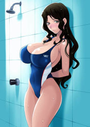Rule 34 | 1girl, arms behind back, black hair, blue one-piece swimsuit, breasts, cleavage, collarbone, commentary request, cowboy shot, grey eyes, highleg, highleg swimsuit, large breasts, looking at viewer, mole, mole under eye, one-piece swimsuit, original, parted lips, shower (place), solo, swimsuit, tile wall, tiles, wavy mouth, wet, yukiyanagi
